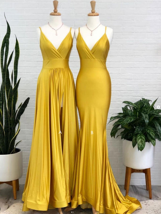 Simple yellow satin long prom dress, yellow bridesmaid dress