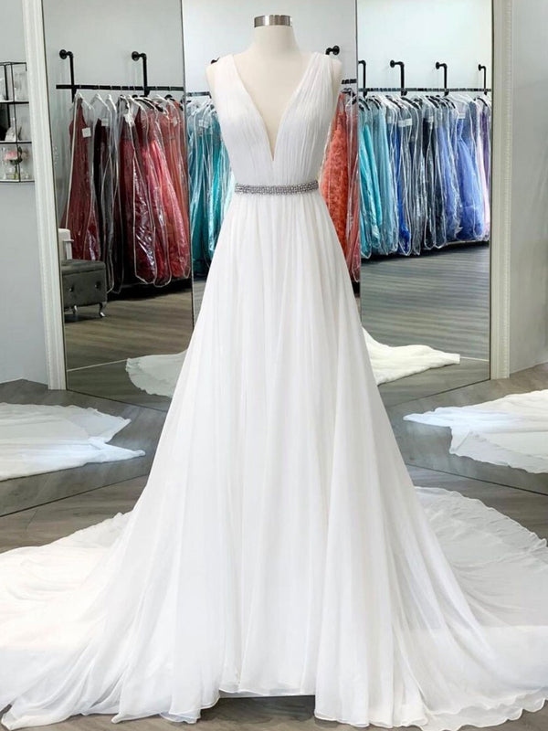 White v neck chiffon long prom dress, white lace evening dress