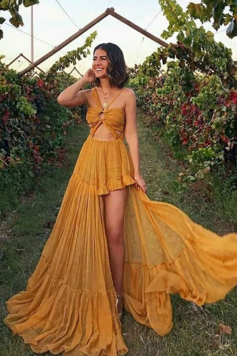 Simple yellow chiffon long prom dress yellow formal dress