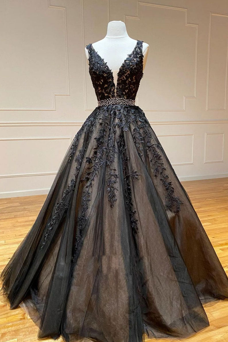 Black v neck tulle lace beads long prom dress black tulle formal dress