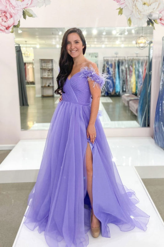Purple A-line tulle long prom dress purple long evening dress