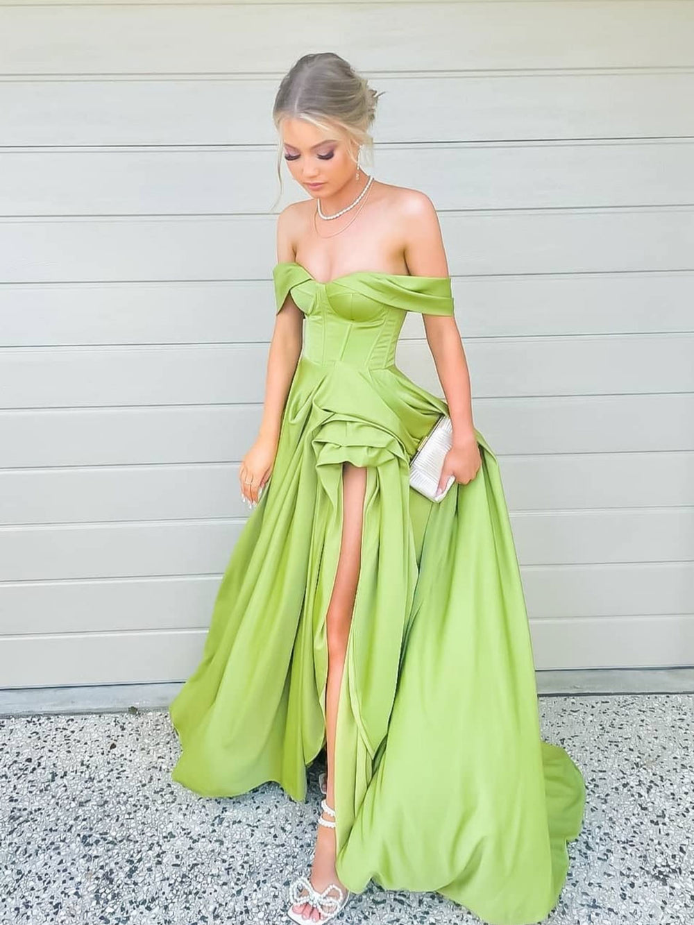 Simple green off shoulder satin long prom dress, green evening dress