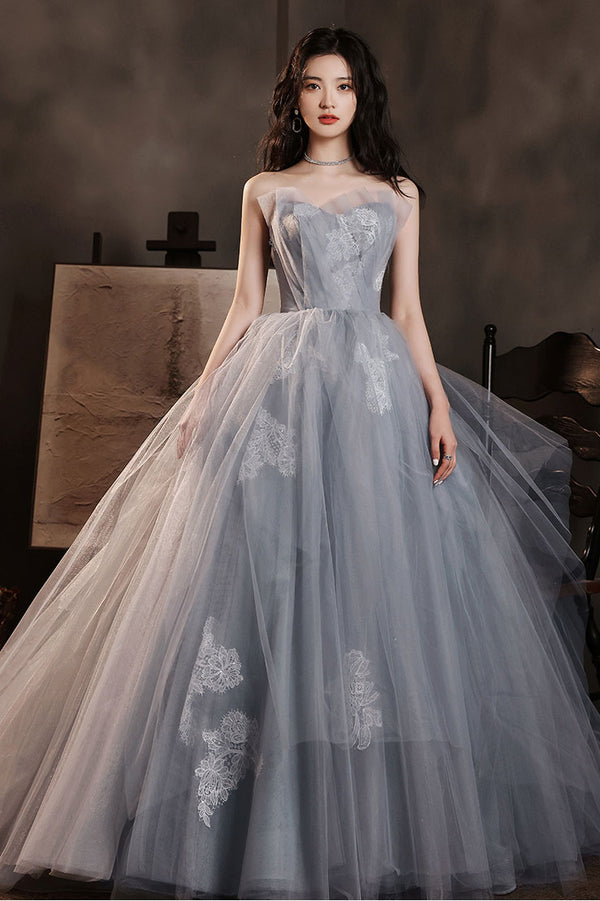 Gray tulle lace long prom dress gray tulle formal dress