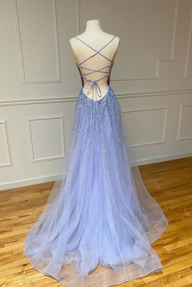 Purple tulle sequin long prom dress sequin evening dress