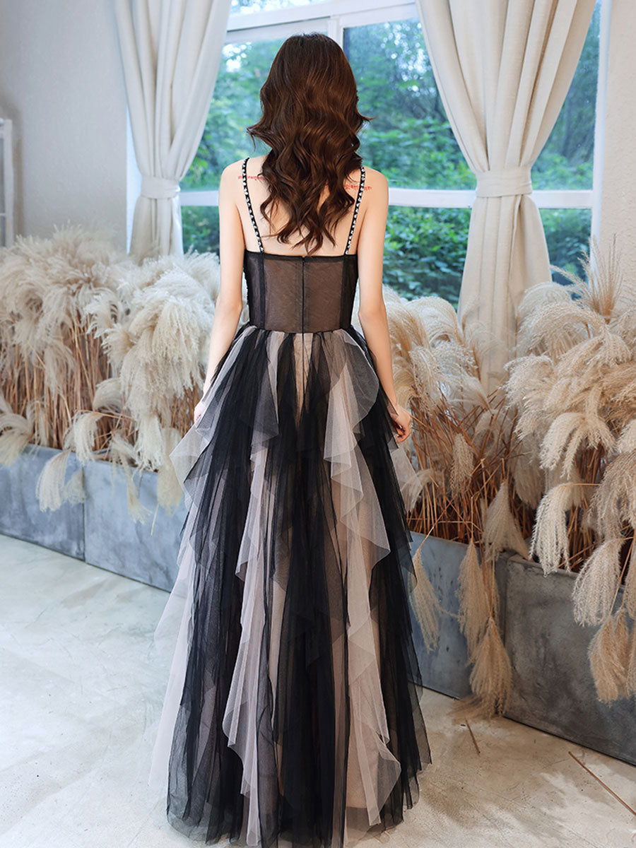 Black Aline tulle long prom dress, black lace formal evening dress dresstby Black Aline tulle long prom dress, black lace formal evening dress dresstby