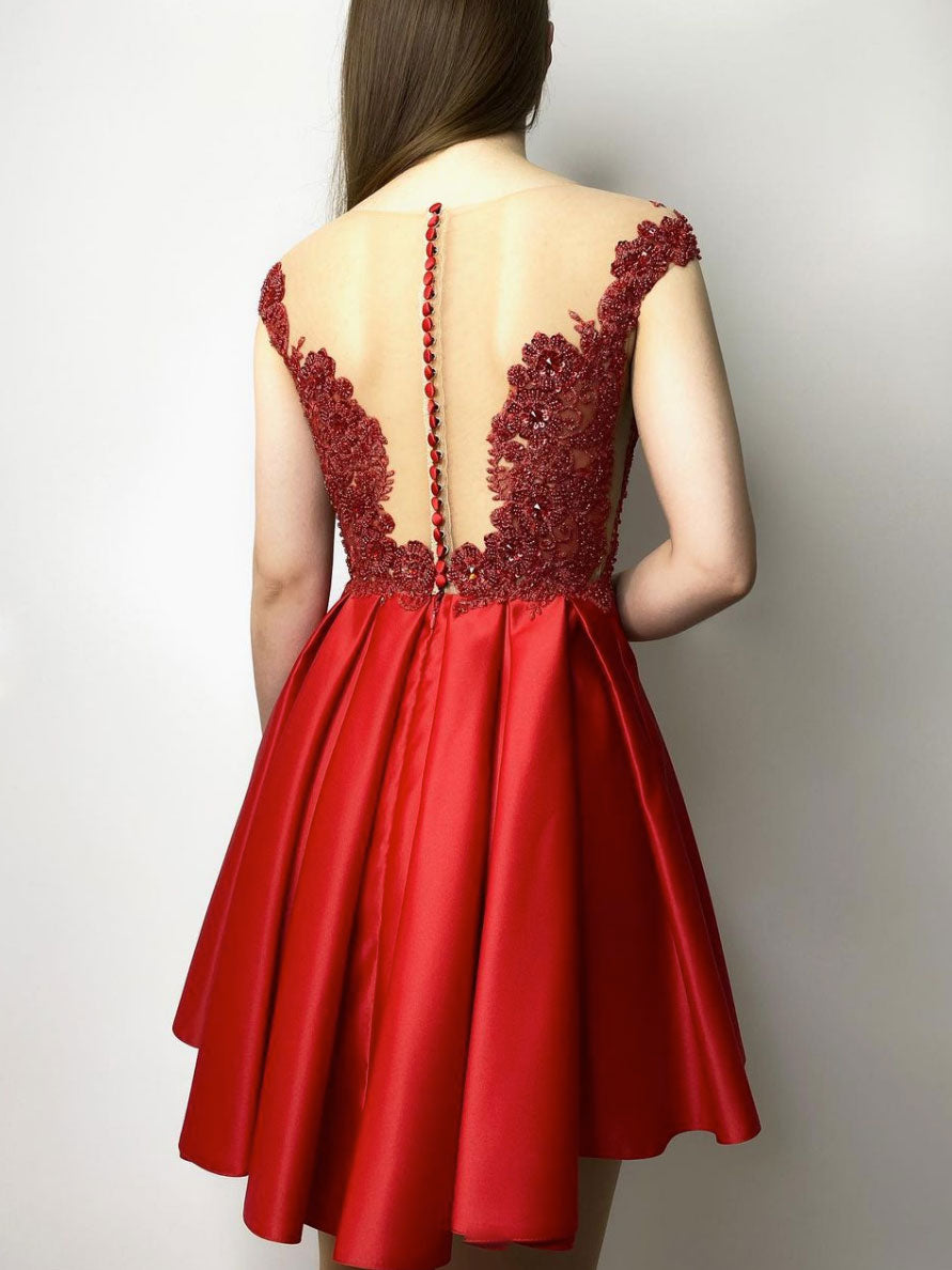 Red round neck satin lace beads short prom dress red homecoming dress dresstby Red round neck satin lace beads short prom dress red homecoming dress dresstby