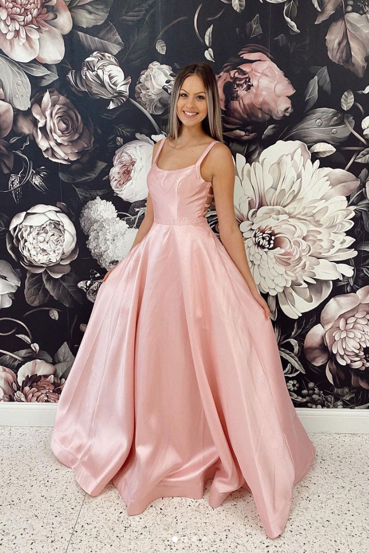 Simple pink satin long prom dress pink satin formal dress