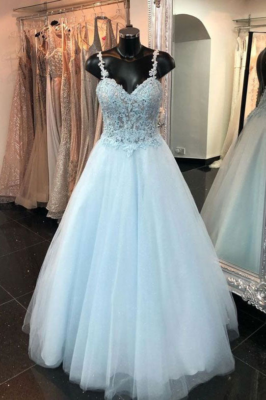 Blue sweetheart tulle lace long prom dress blue formal dress