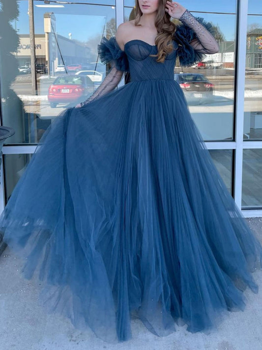 Gray blue tulle long prom dress, blue long sleeves evening dress