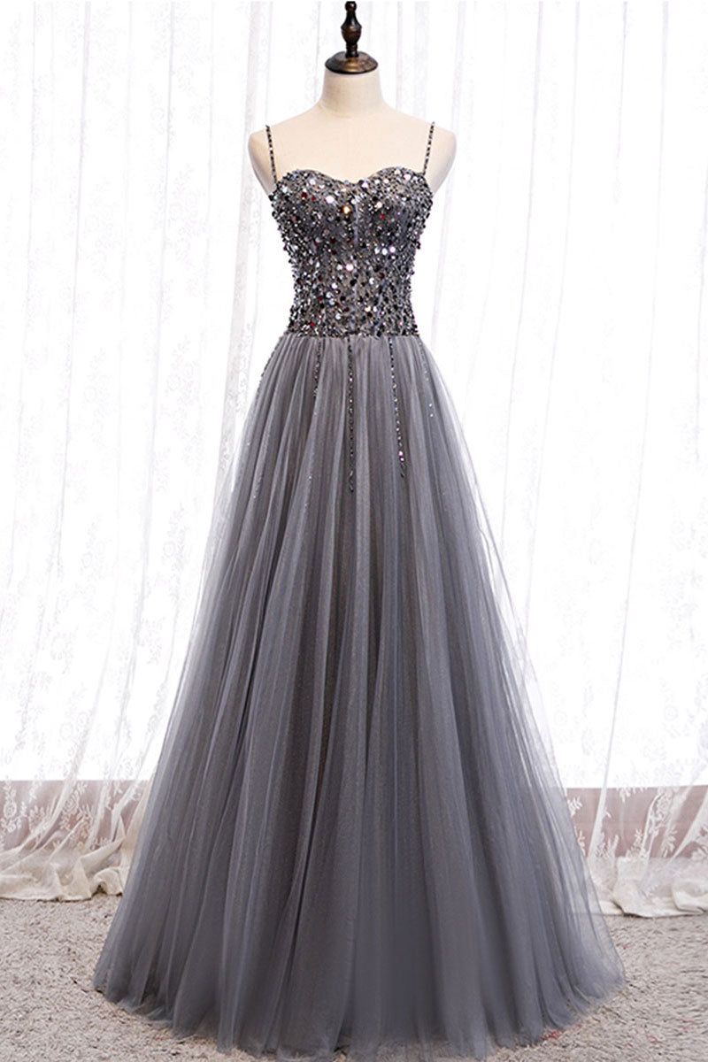 Gray tulle sweetheart neck sequin long prom dress gray formal dress