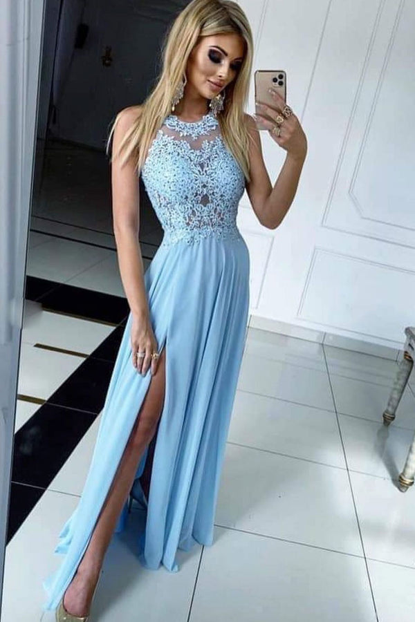Blue round neck chiffon lace long prom dress lace formal dress