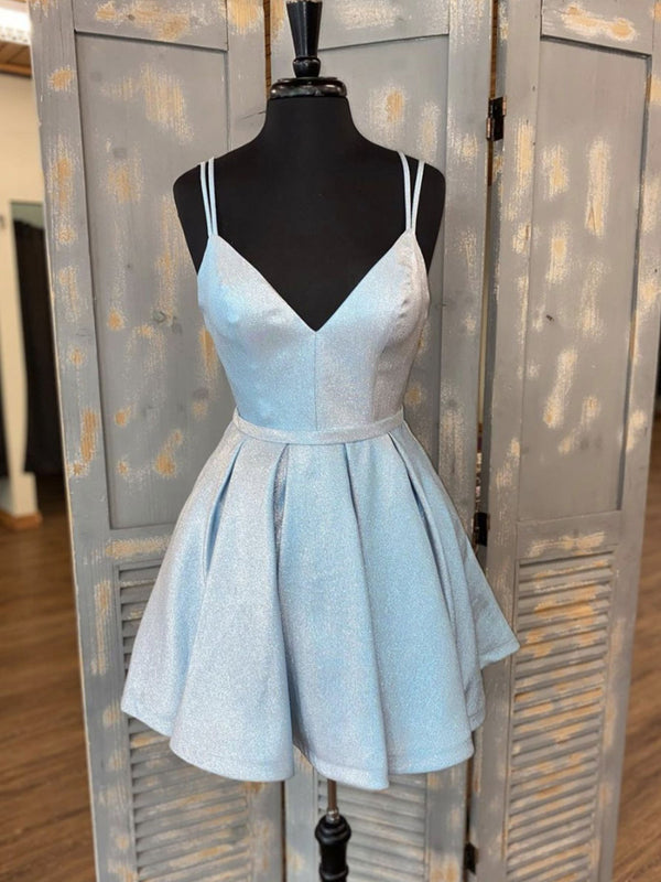 Simple v neck light blue short prom dress, blue homecoming dress