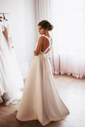 White A-line satin long prom dress backless bridesmaid dress