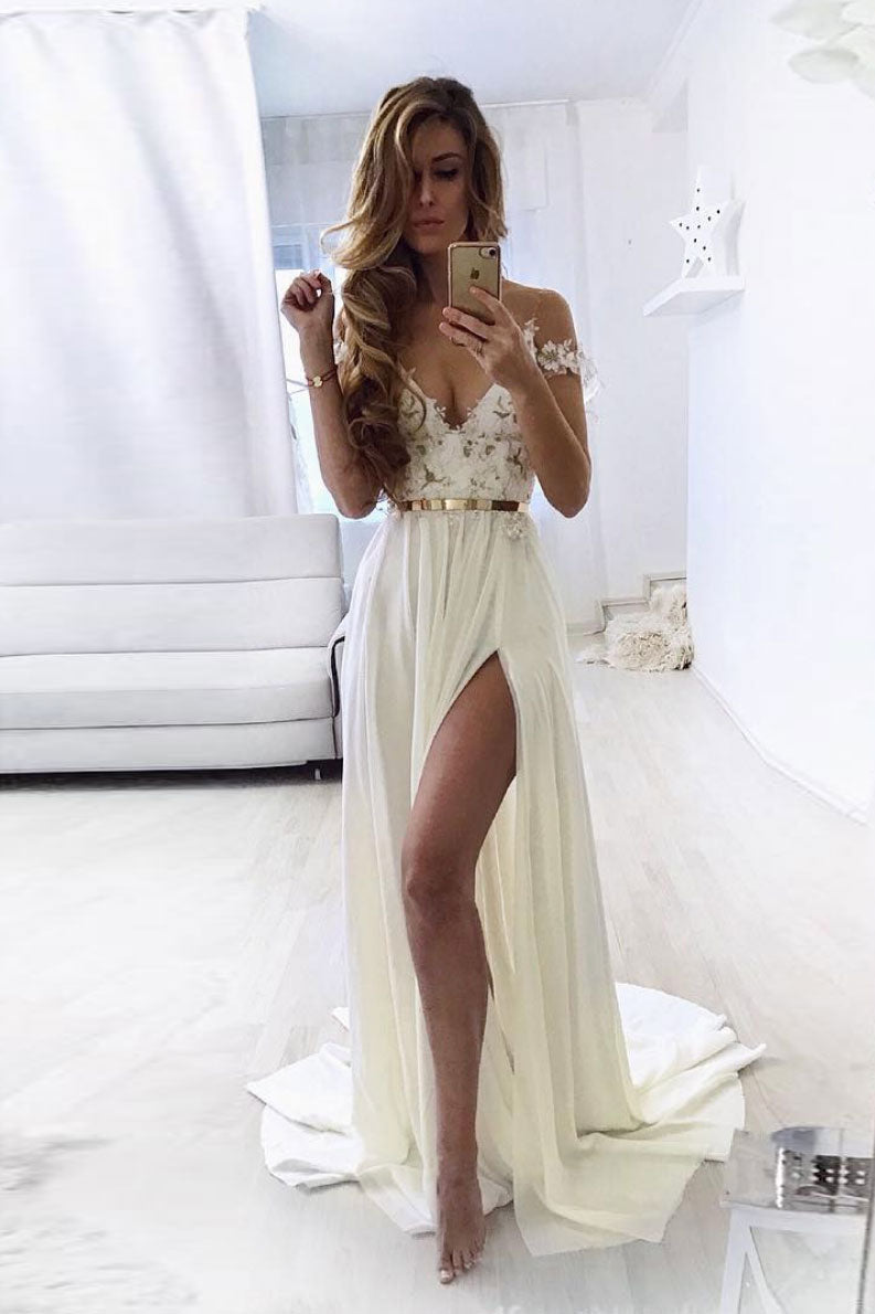 White sweetheart off shoulder lace chiffon long prom dress evening dress