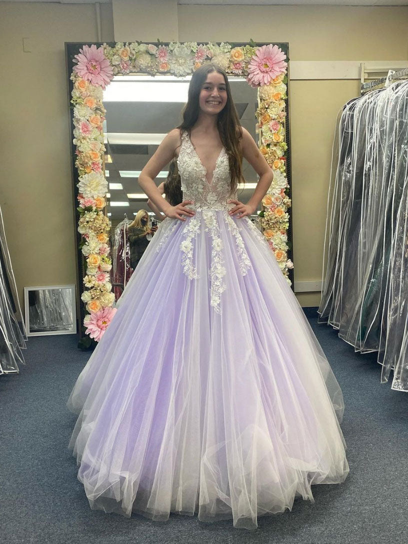 Purple v neck tulle lace long prom dress purple formal dress