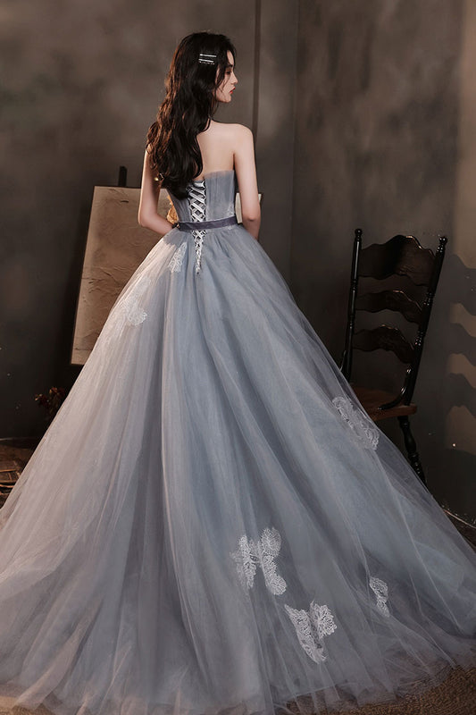 Gray tulle lace long prom dress gray tulle formal dress