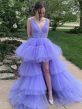 Purple v neck tulle high low prom dress purple evening dress