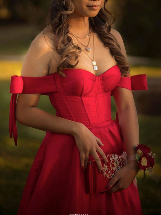Simple red satin long prom dress, red satin evening dress