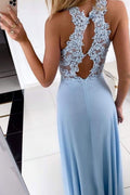 Blue round neck chiffon lace long prom dress lace formal dress