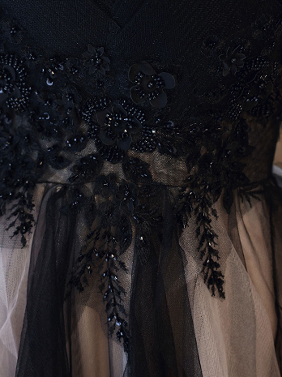 Black Aline  tulle long prom dress, black lace formal evening dress