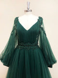 Green v neck lace A line long prom dress, green tulle evening dress