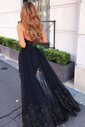 Black sweetheart tulle lace beads long prom dress black evening dress