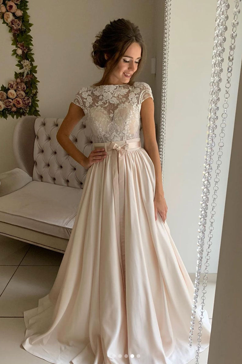 Champagne lace satin long prom dress, lace evening dress