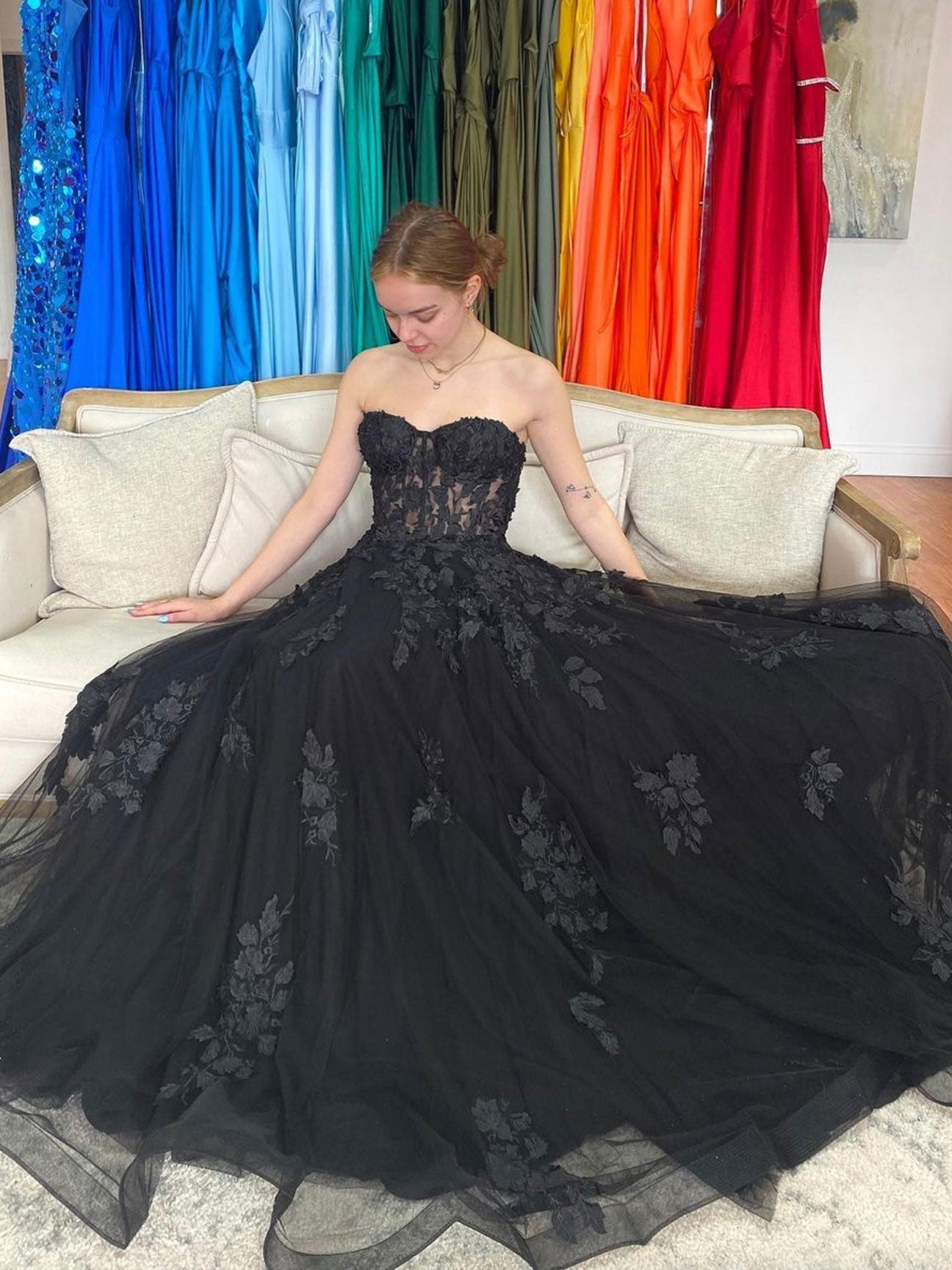 Black A line tulle lace long prom dress, black tulle formal dress