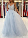 Light blue tulle long prom dress, blue tulle formal dress