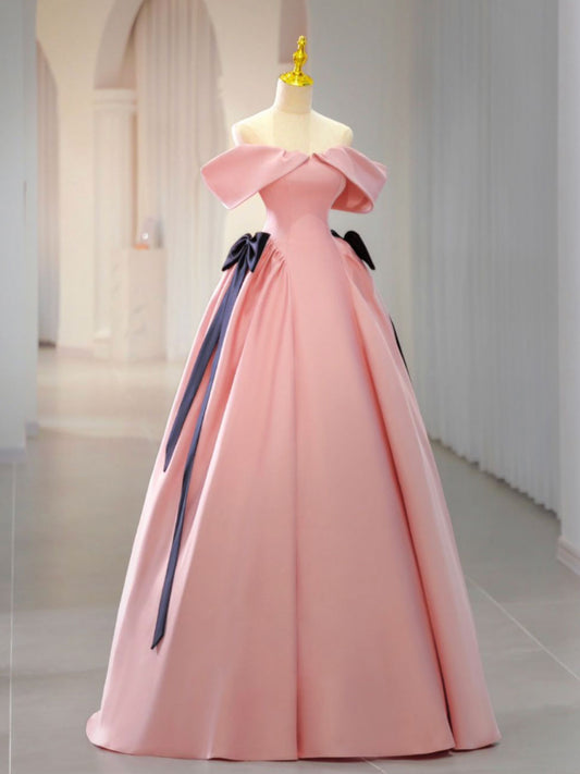 Pink Satin Long Prom Dress, Pink Formal Evening Dresses