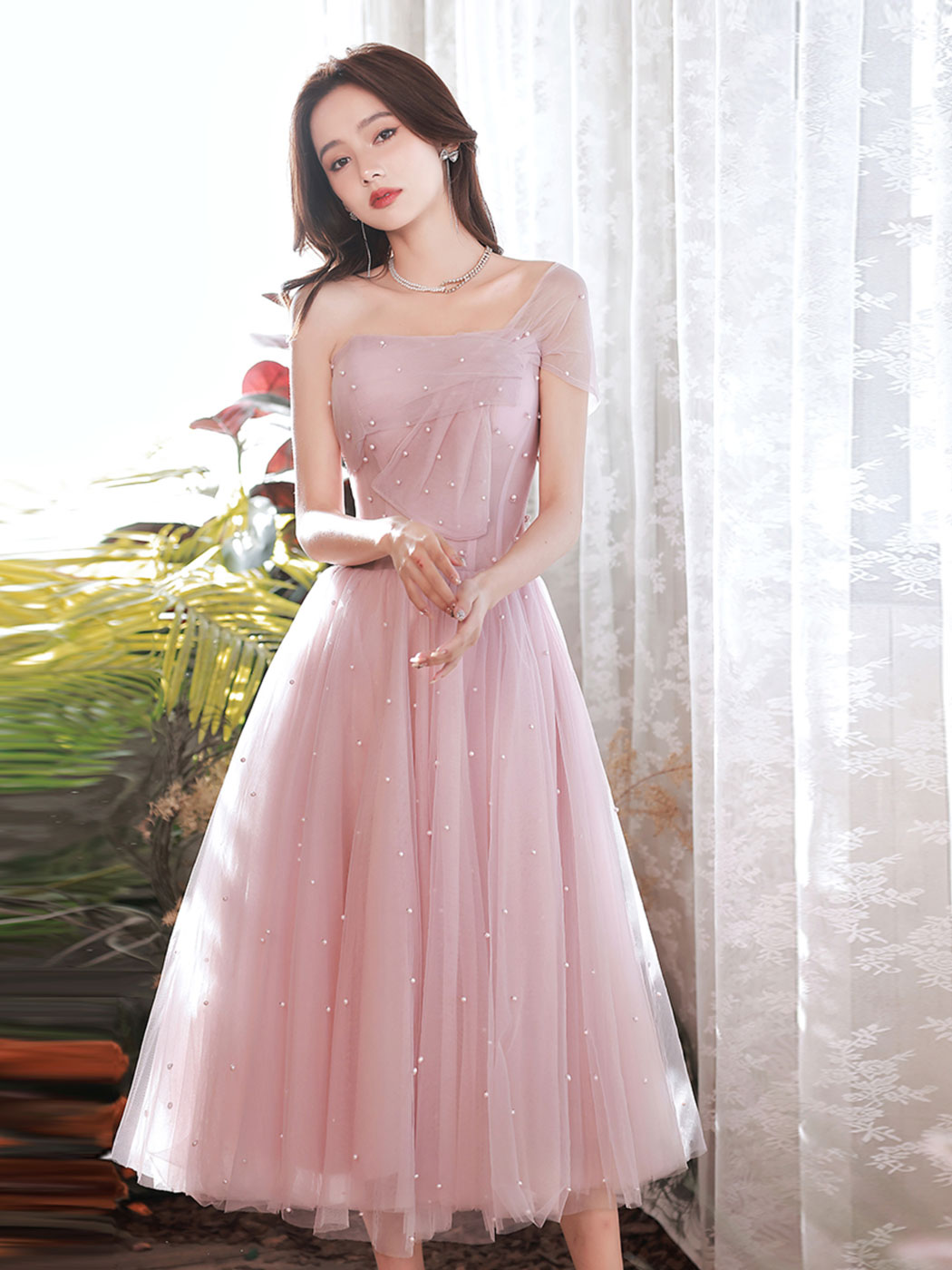 Pink A-Line Tea Length Prom Dress, Pink Tulle Formal Evening Dress Pink A-Line Tea Length Prom Dress, Pink Tulle Formal Evening Dress