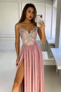 Pink v neck lace long prom dress pink bridesmaid dress