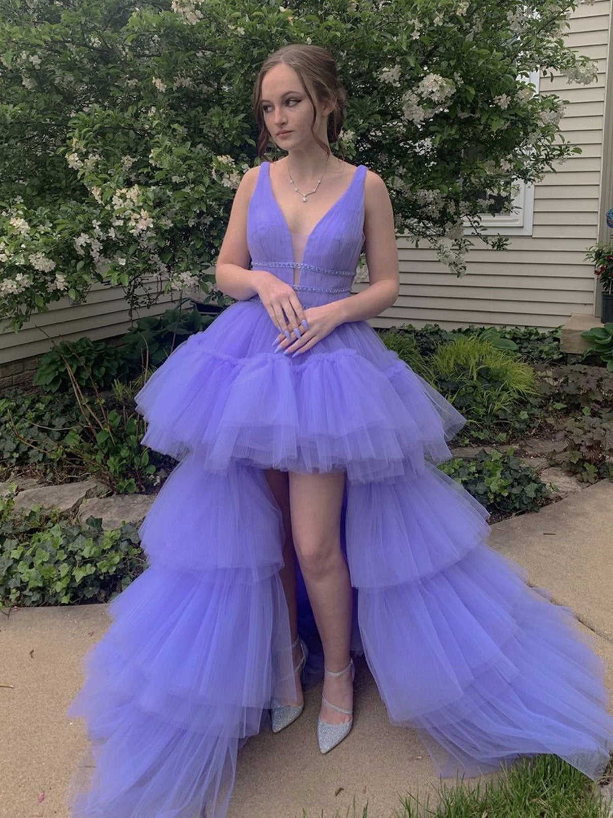 Purple v neck tulle high low prom dress purple evening dress