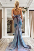 Gray blue v neck mermaid long prom dress blue evening dress