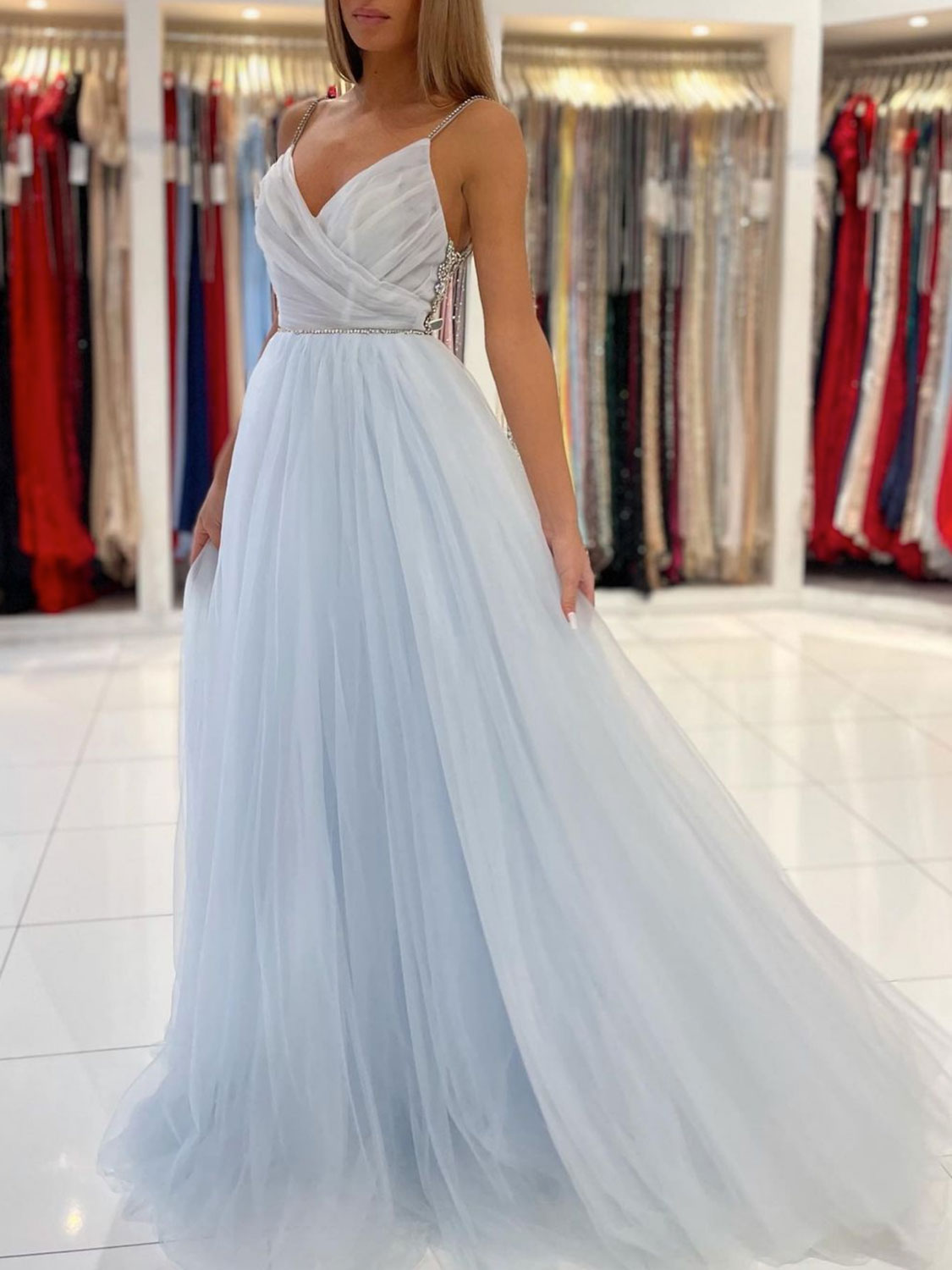 Light blue tulle long prom dress, blue tulle formal dress