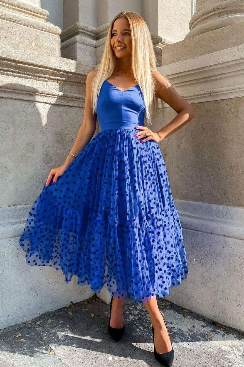 Royal blue v neck tulle short prom dress blue cocktail dress