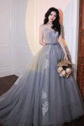 Gray tulle lace long prom dress gray tulle formal dress