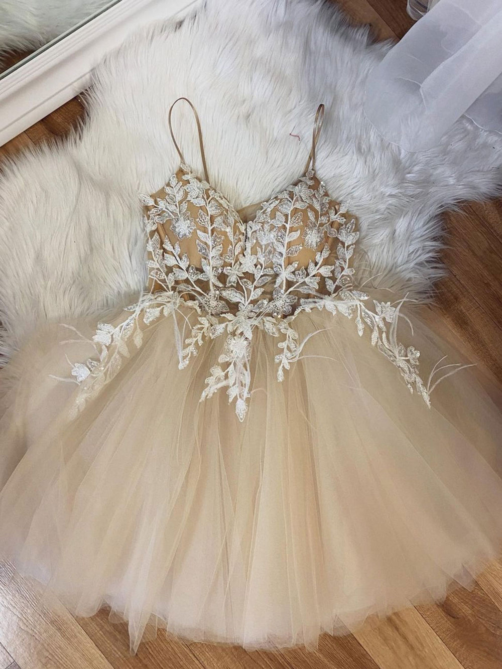 Champagne tulle lace short prom dress, lace homecoming dress dresstby Champagne tulle lace short prom dress, lace homecoming dress dresstby