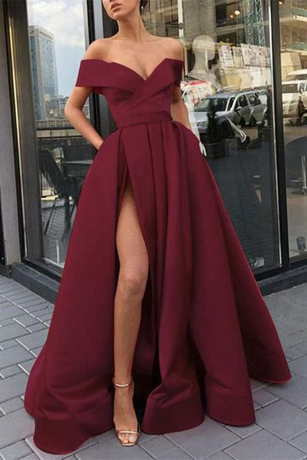 Simple burgundy satin long prom dress burgundy bridesmaid dress