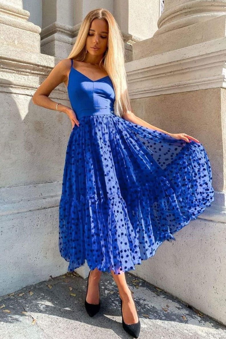 Royal blue v neck tulle short prom dress blue cocktail dress