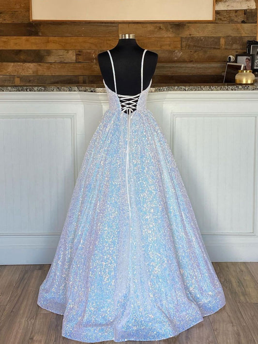Simple  v  neck sequin long prom dress, sequin evening dress