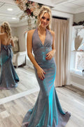 Gray blue v neck mermaid long prom dress blue evening dress