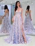 Purple A line lace tulle long prom dress, purple lace evening dress