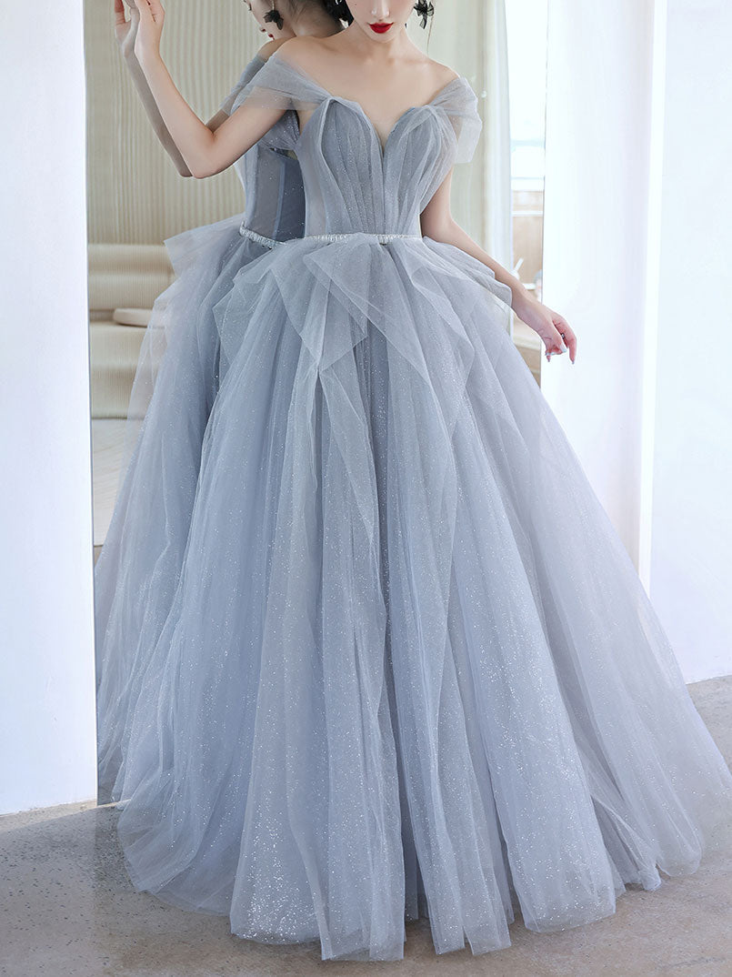 Gray tulle off shoulder long prom dress, gray tulle formal dress