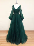 Green v neck lace A line long prom dress, green tulle evening dress