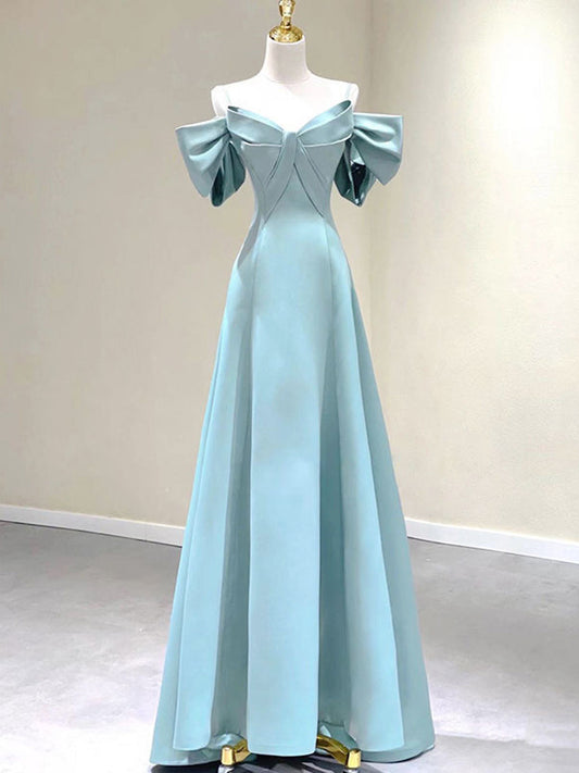 Blue A-Line Satin Long Prom Dresses, Blue Satin Long Formal Dresses
