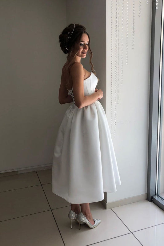 Simple white sweetheart satin short bridesmaid dress white prom dress