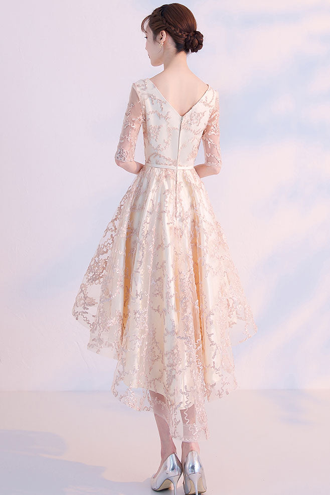 Champagne lace high low prom dress, lace evening dress dresstby Champagne lace high low prom dress, lace evening dress dresstby
