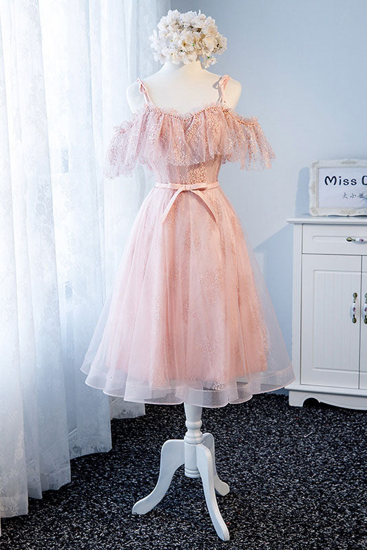 Pink tulle lace short prom dress, pink tulle lace homecoming dress