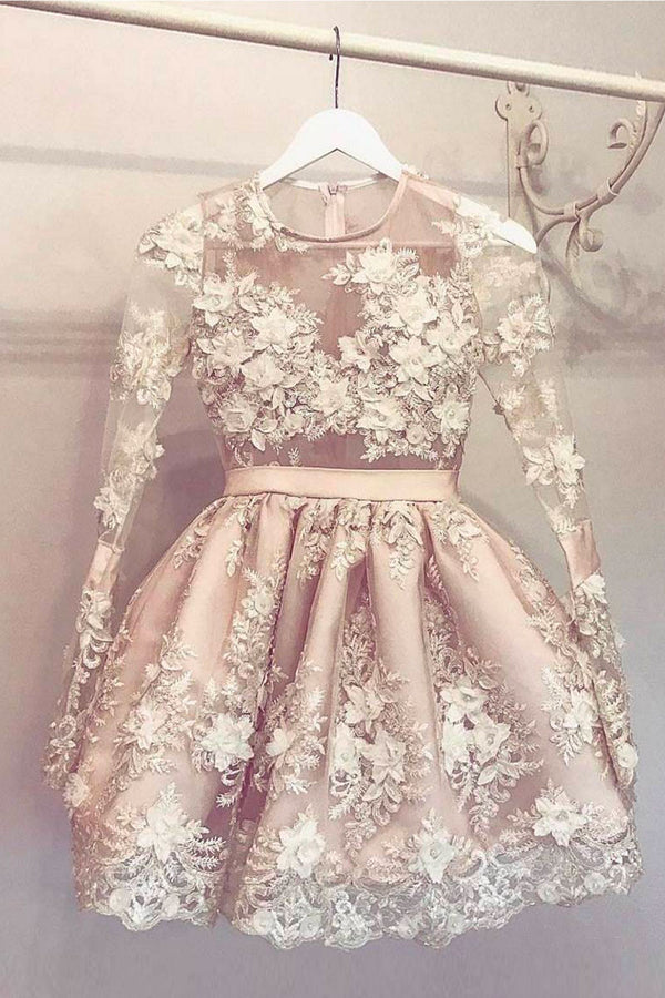 Unique round neck lace applique short prom dress, cute homecoming dress